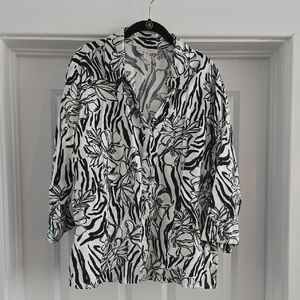 VGUC- JM Collection Black and White Floral Print Women's Linen Top, Sz 20W